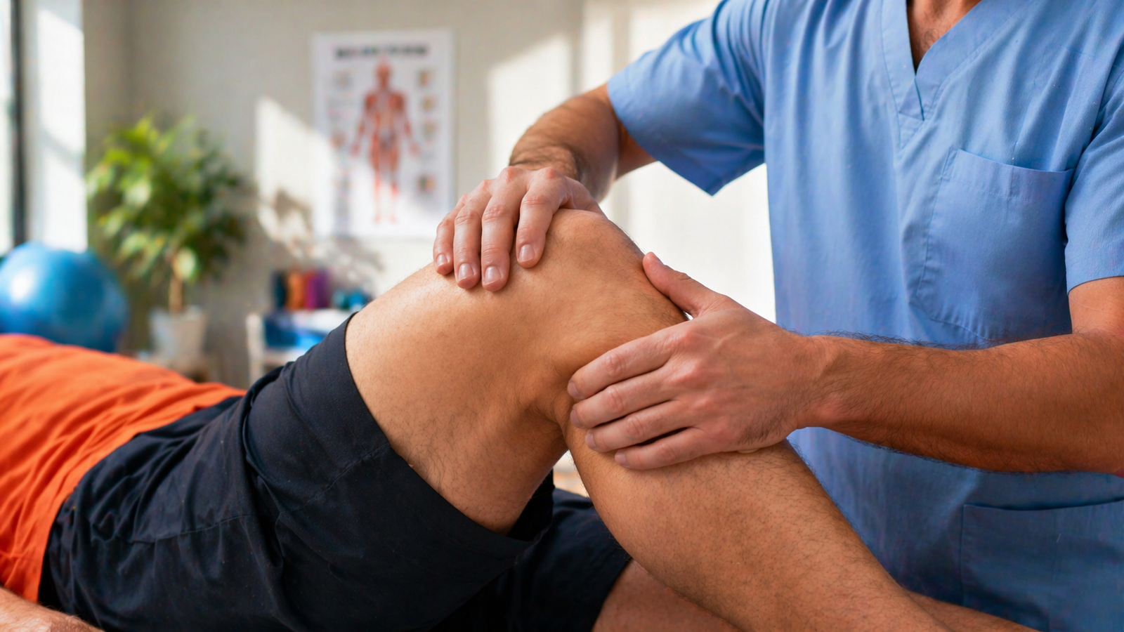 Physiotherapist demonstrating knee pain treatment during an in-clinic rehabilitation session.
